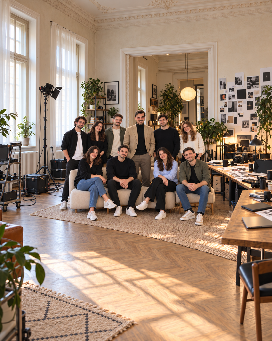 Fotografie de echipă creată pentru BUZZ: Rareș și echipa într-un studio de producție, într-un cadru larg.